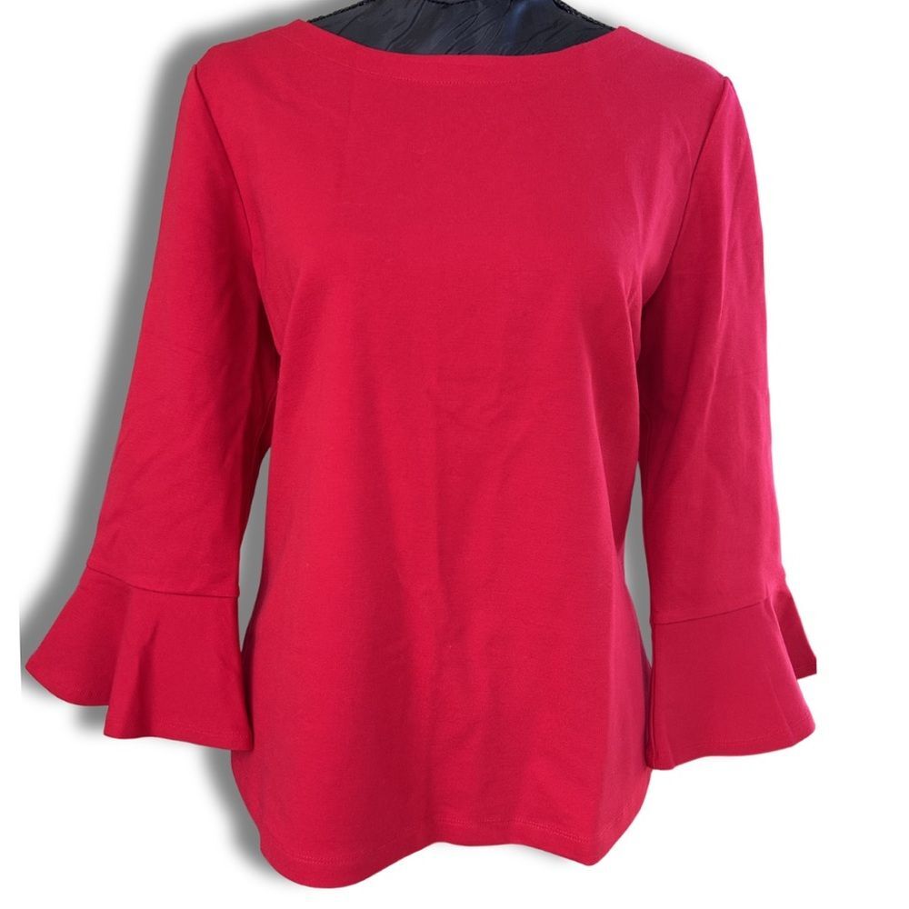 Lands’ End Bright Red Boat‑Neck Top – Bell Sleeves, Curved Hem – Medium Petite - Picture 2 of 9